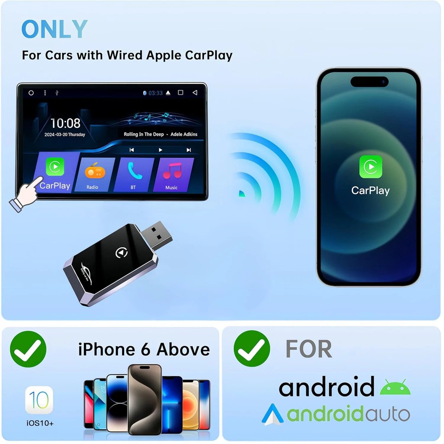 2-in-1 Wireless CarPlay Adapter: Wired-to-Wireless Plug&Play