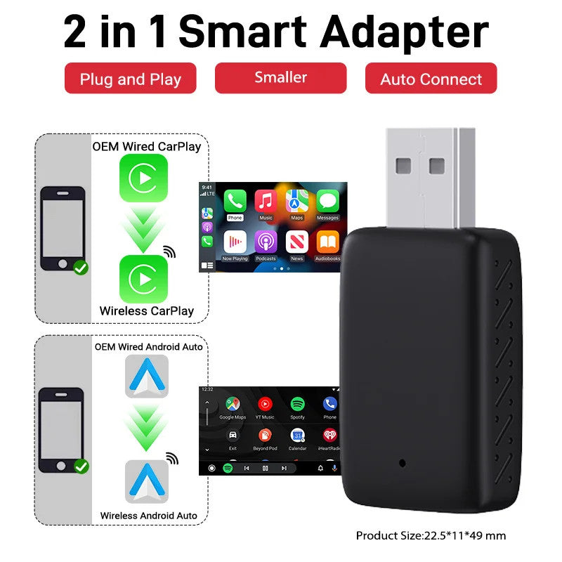 2-IN-1 WiFi Wireless Bluetooth Connect, CarPlay Smart Box Android Auto USB Adapter