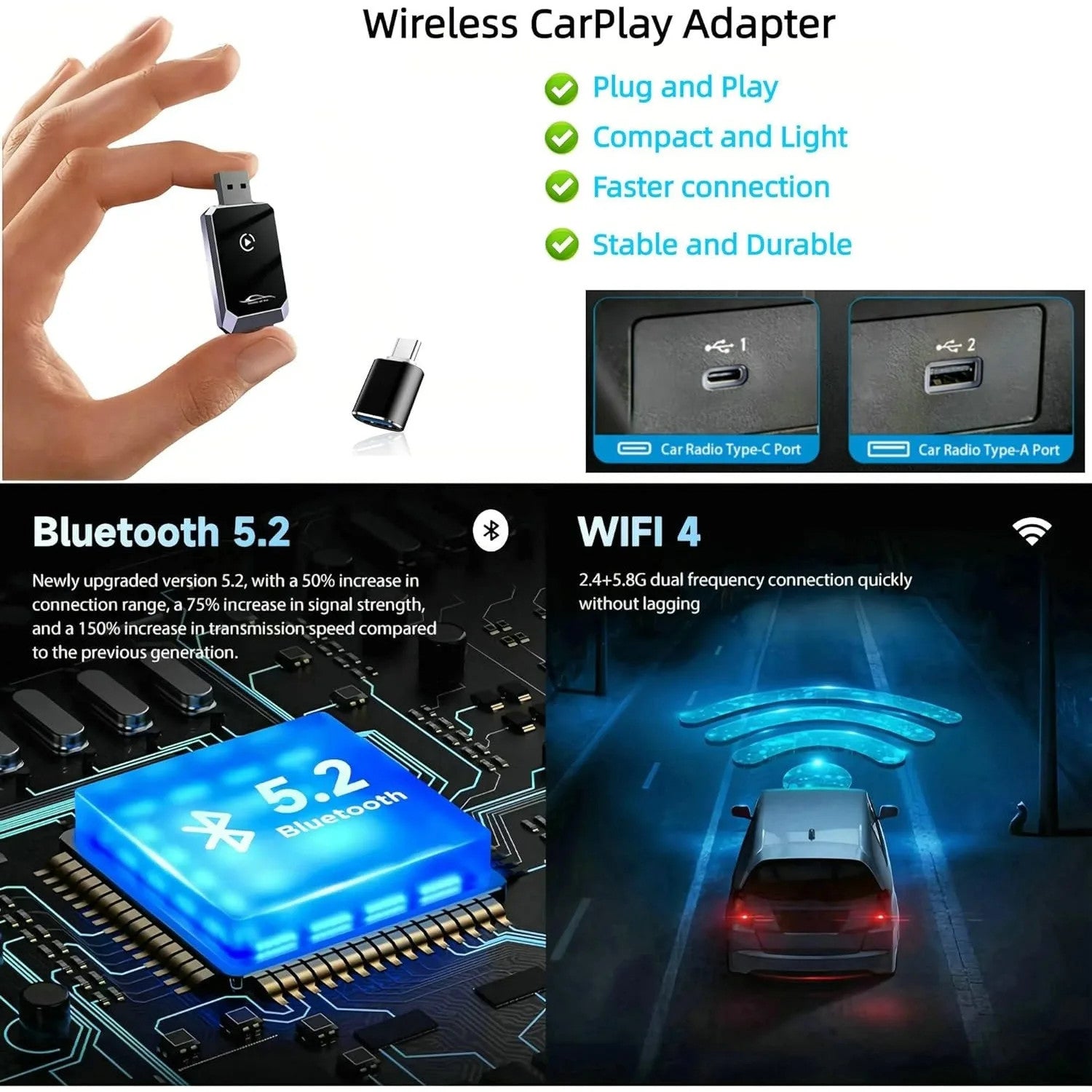 2-in-1 Wireless CarPlay Adapter: Wired-to-Wireless Plug&Play