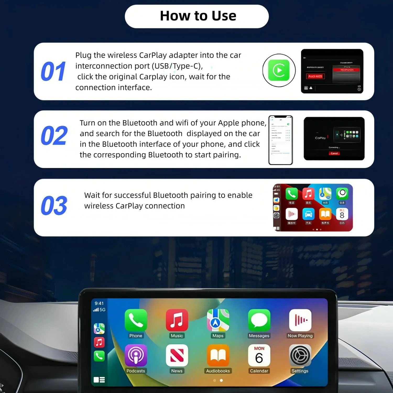 2-in-1 Wireless CarPlay Adapter: Wired-to-Wireless Plug&Play