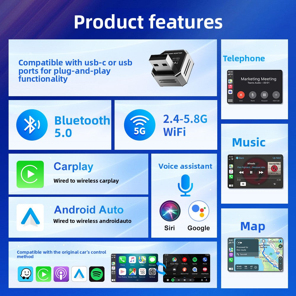 Smart Button 2-in-1 Wireless CarPlay Adapter