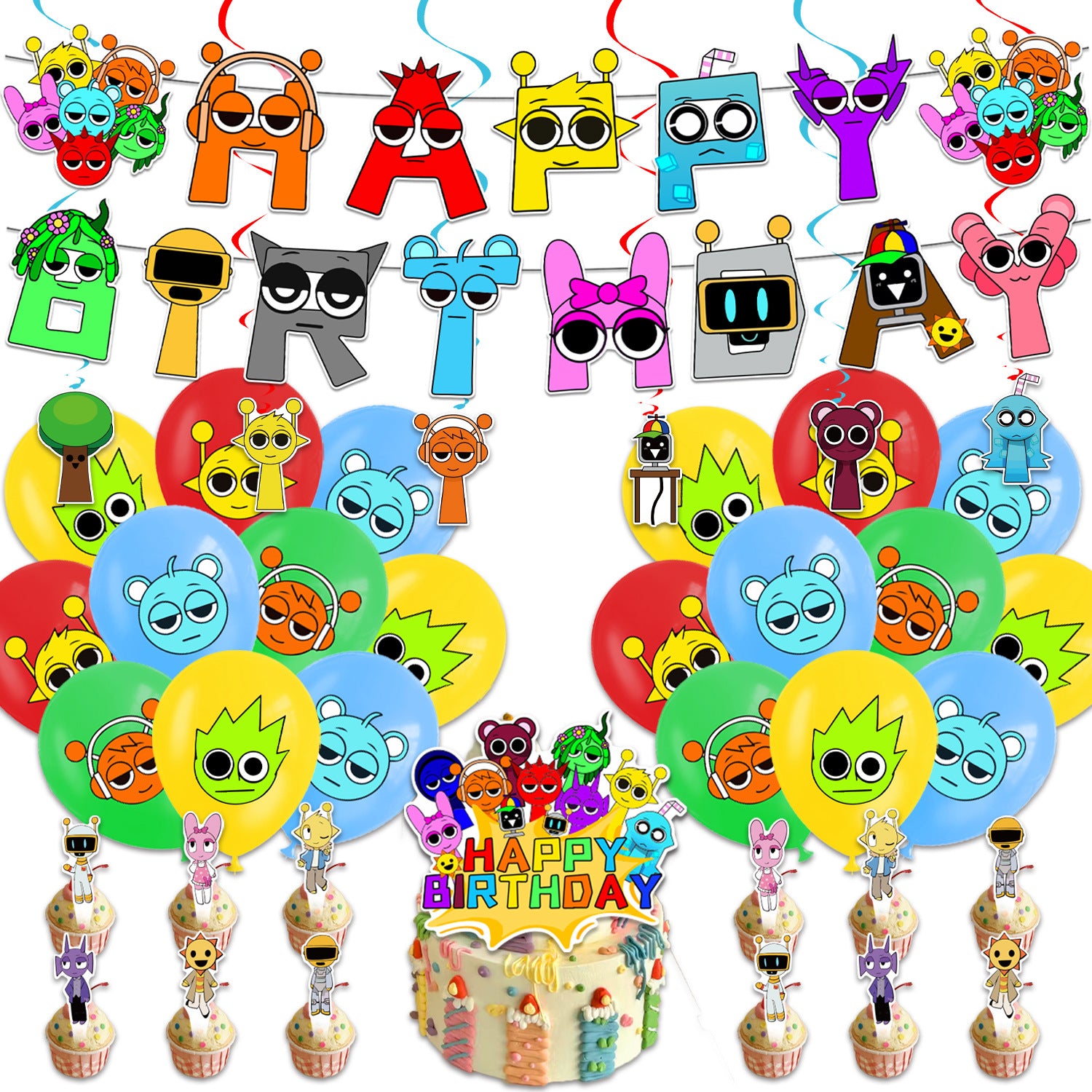 Sprunki Rhythm Box Birthday Party Decoration Pull Flag Balloon Background Cloth Cake Plug Party Supplies