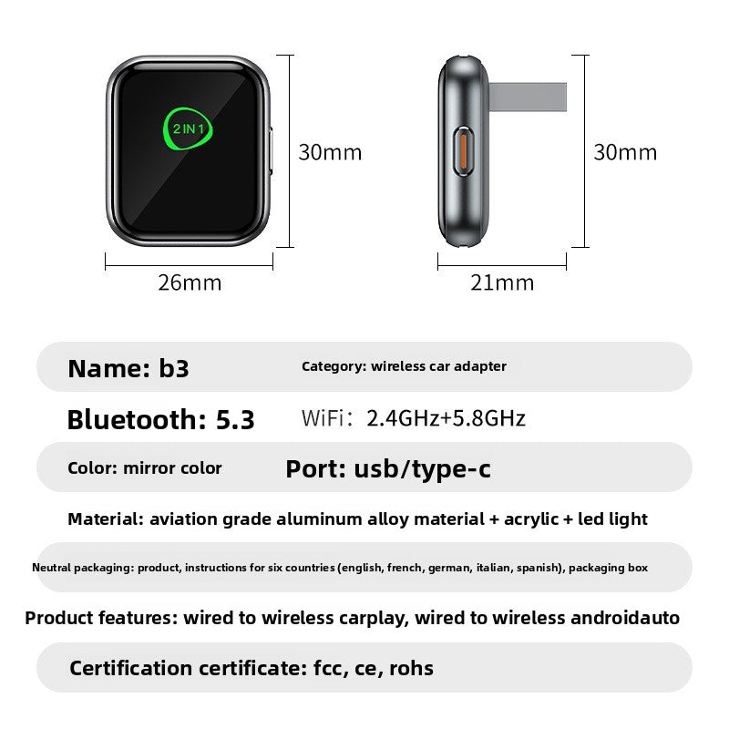 2026 2-in-1 Wired-to-Wireless CarPlay Box — iOS & Android Dual-System Wireless Car Connectivity Adapter