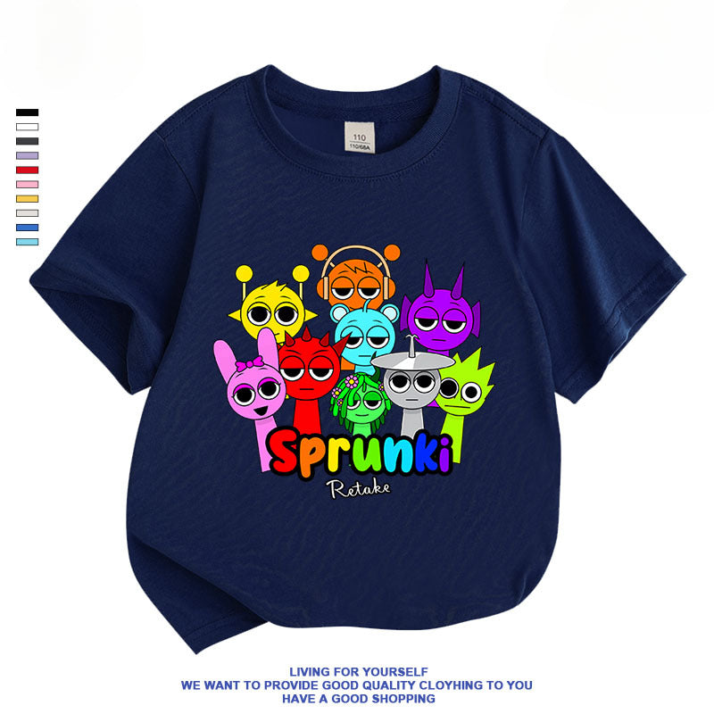 Rhythm Box Sprunki  Boys Cotton Children's Clothing Short-sleeved T-shirt New Large Children's Top Children's Half-sleeved Casual