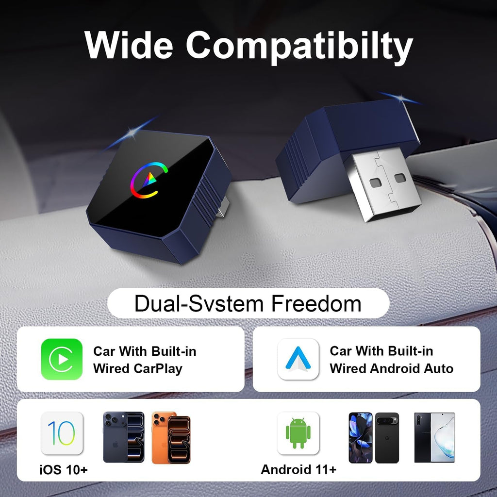 2-in-1迷你无线 CarPlay 适配器 适用于苹果 iPhone 和 Android 自动,有线转无线-