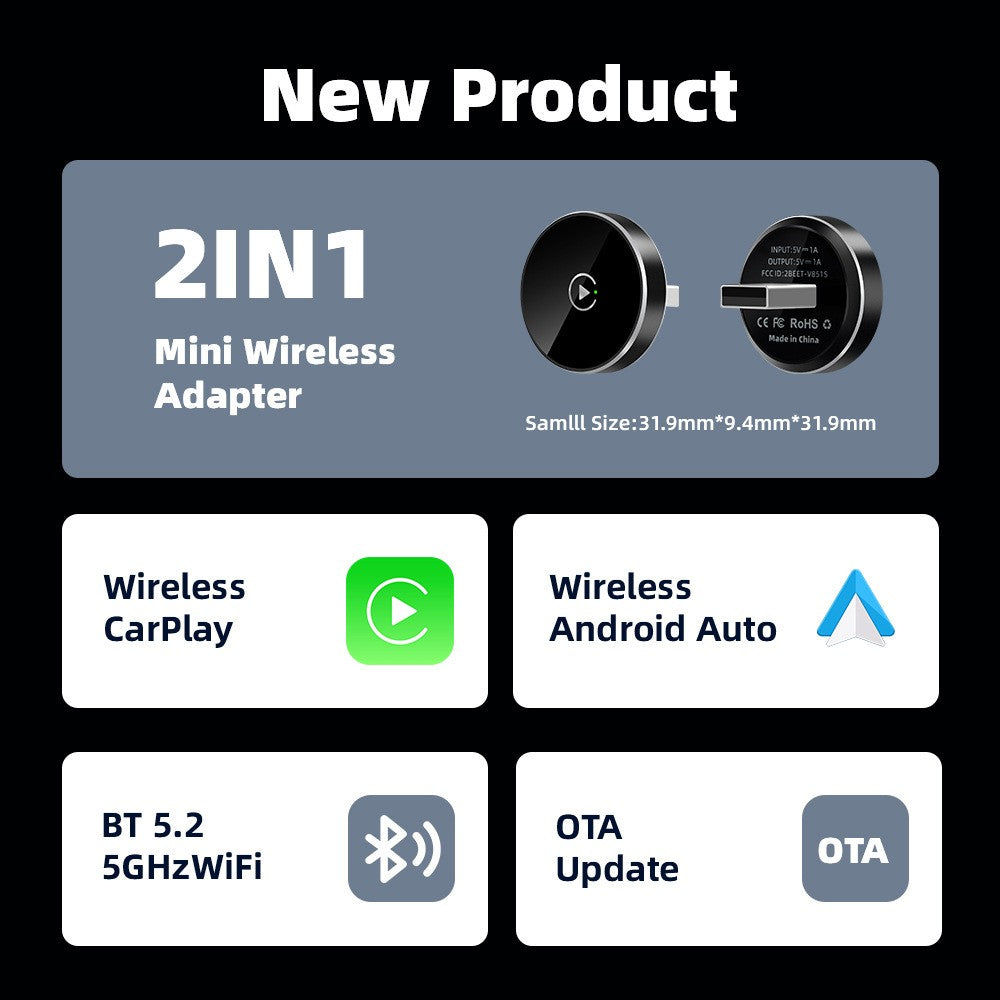 2-in-1迷你无线 CarPlay 适配器 适用于苹果 iPhone iOS 10+ 和 2016+ 汽车-