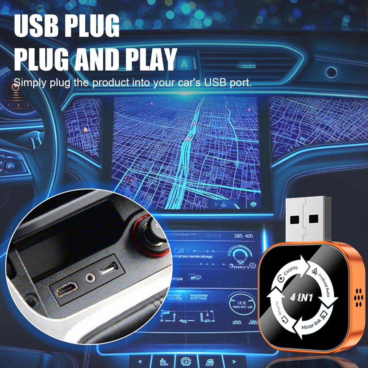 2026 最新 4 合 1 CarPlay 适配器无线 CarPlay 自动镜像链接即插即用-