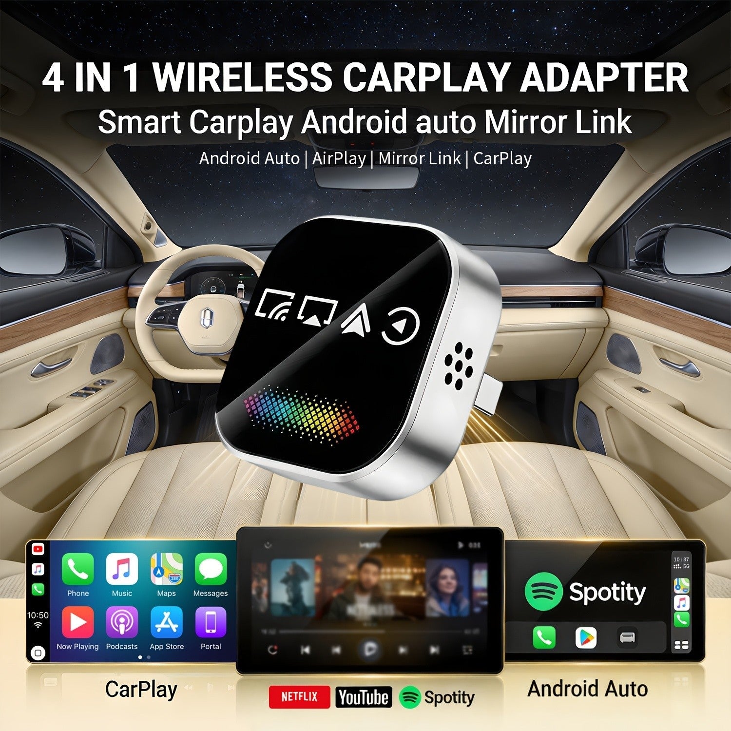2026 升级 4 合 1 无线 CarPlay 适配器 CarPlay + 屏幕镜像-