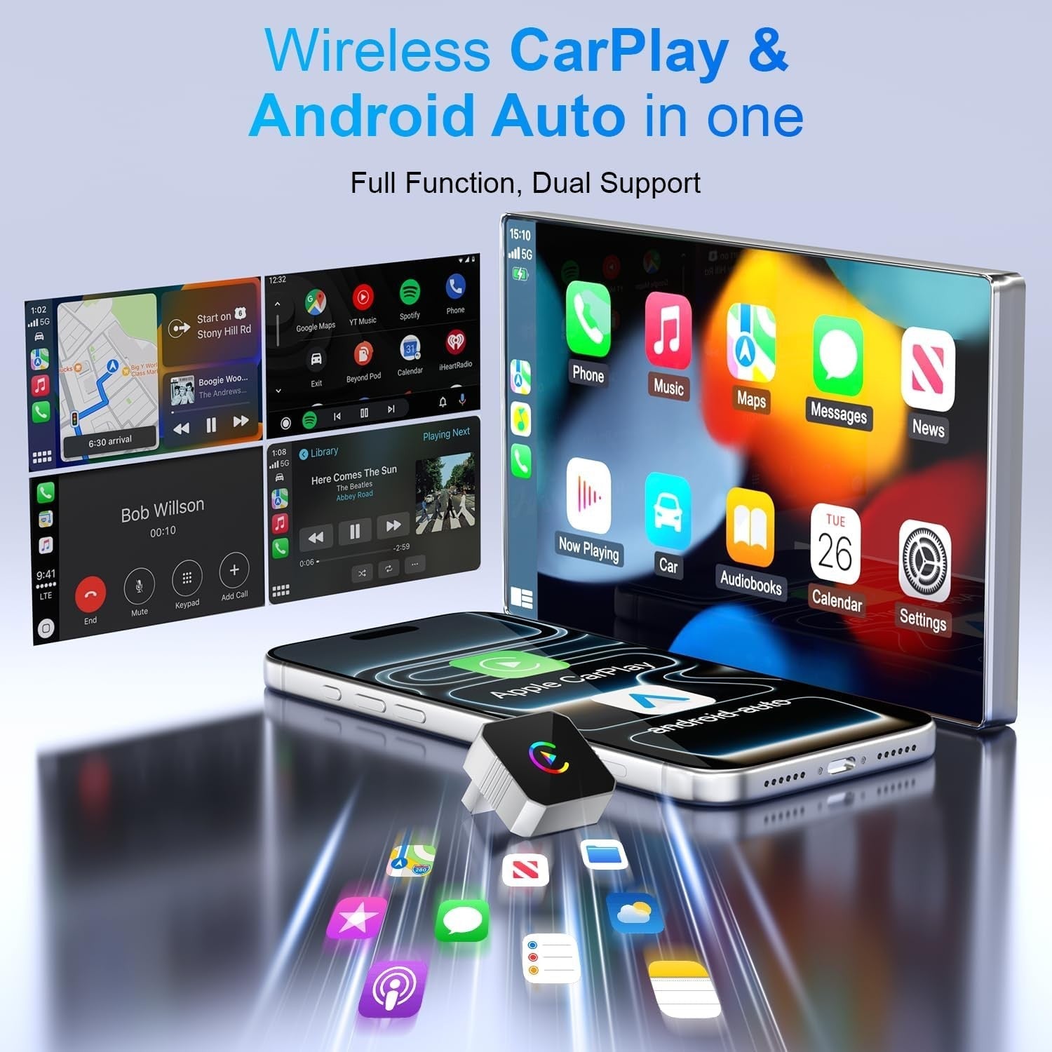 2026 无线 CarPlay 和 Android 自动适配器 | 即插即用,有线转无线-2-in-1